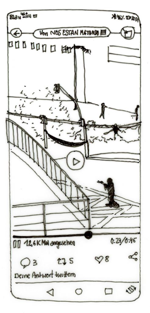 Zeichnung von Smartphone-Bildschirm: Straßenansicht, vermummter Mensch ziehst mit Waffe auf etwas