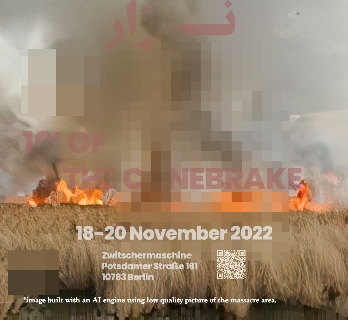 Glitchy image of an explosion in a grass field. Text reads 18-20 November Zwitschermaschne. !0' of the Cananbrake."